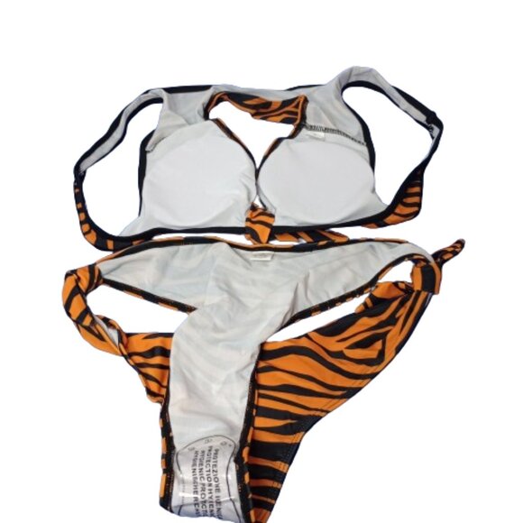 Urchics 2 Piece Bikini Orange Zebra Print Padded Top Faux Ties Women's Size S - Picture 4 of 8